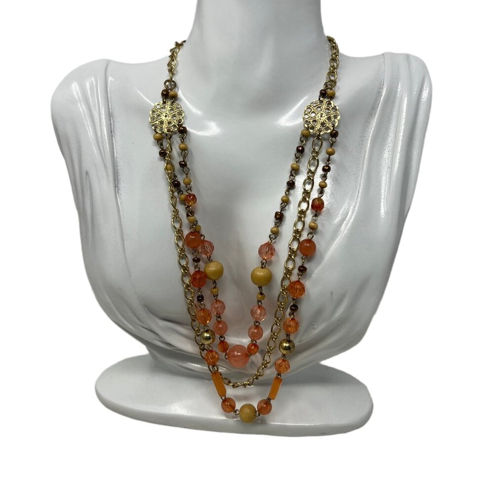3 Strand Necklace Pink Tan‎ Beads Gold Tone Stations Chains